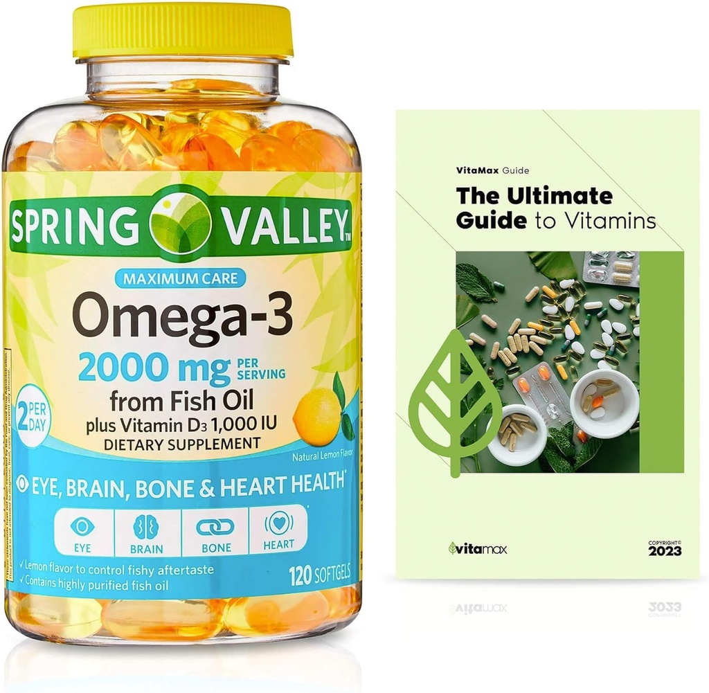 물고기 기름 2000 mg, 최대 배려, 120 조사 + 독점적인 VitaMax 비타민 가이드 (2개의 품목)에서 봄 밸리 Omega-3