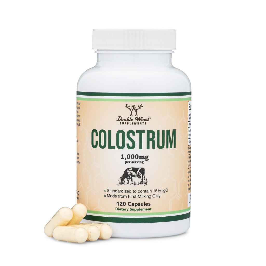 Colostrum Supplement 120 캡슐, 봉사 당 1,000mg (첫 번째 젖을 짜는 단지, Std에서 Bovine Colostrum 분말. 15% IgG Immunoglobulins를 포함) 필러 없음, 두 배 나무에 의해 시험되는 제 3 자