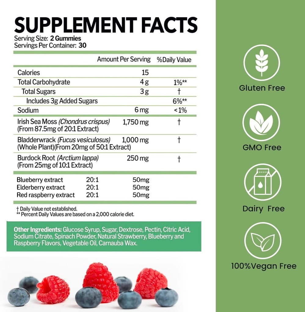 Bladderwrack과 Burdock Root의 바다 Moss Gummies | Immune, Thyroid 지원을위한 와일드 크래프트 아일랜드어 바다 모스 | 100 % Vegan Dietary Supplements | Non-GMO, 글루텐 프리, Dairy-Free | 60 Gummies