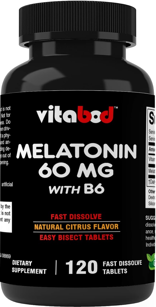 Melatonin 60 mg 비타민 B6 - 120 빠른 용해 정제 엑스트라 스렌지 수면 지원 - 약 - 무료 - 천연 감귤류 맛 - 채식주의, 비 GMO, 글루텐 - 무료