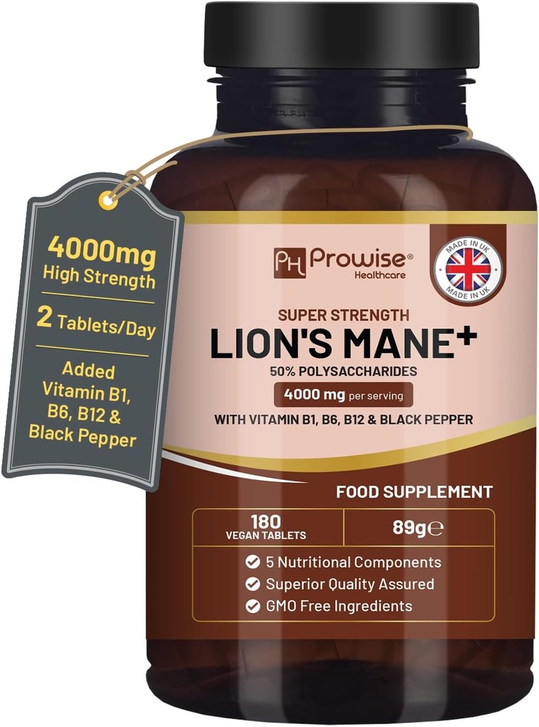 Lions Mane 버섯 보충 비타민 B1, B6, B12 및 블랙 페퍼 - 50 % 다당류 (노트 분말 또는 캡슐)가있는 180 슈퍼 강도 Vegan 정제 | Prowise로 영국에서 제작