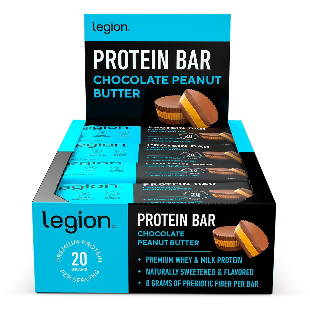 Legion Protein Bar Chocolate Peanut Butter -100% Whey Protein, 프리 바이오 틱 섬유가있는 굽은 바 - 고단백 (20g) 저지방 (12g) 낮은 설탕 (4g), 콩, 글루텐 - 천연 향 (12 개)
