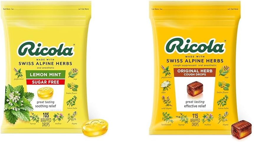 Ricola Sugar Free Lemon Mint Herbal Cough Suppressant Throat Drops, 105ct Bag & Original Natural Herb Cough Drops, 115 Count, Cough Suppressant & Throat Relieving Drops를 제거하십시오.