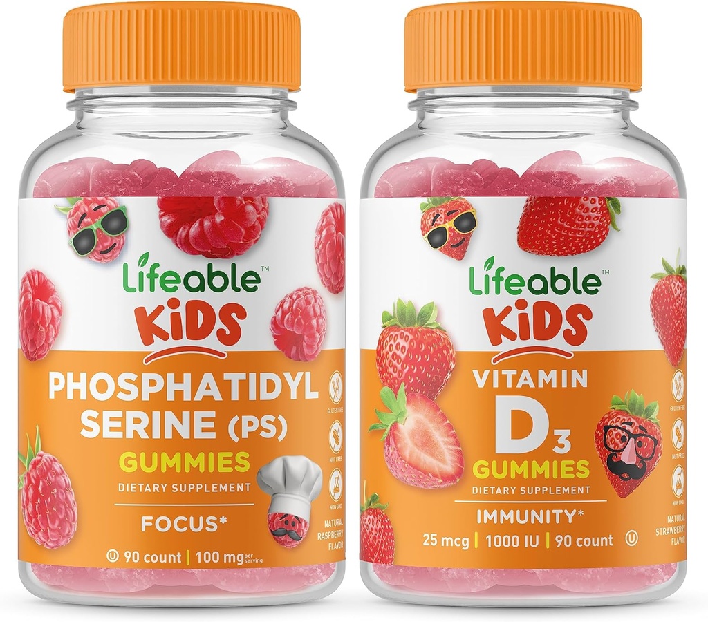 Lifeable Phosphatidylserine (PS) 키즈 + 비타민 D 어린이, Gummies 번들 - 훌륭한 타스팅, 비타민 보충, 글루텐 무료, GMO 무료, Chewable Gummy