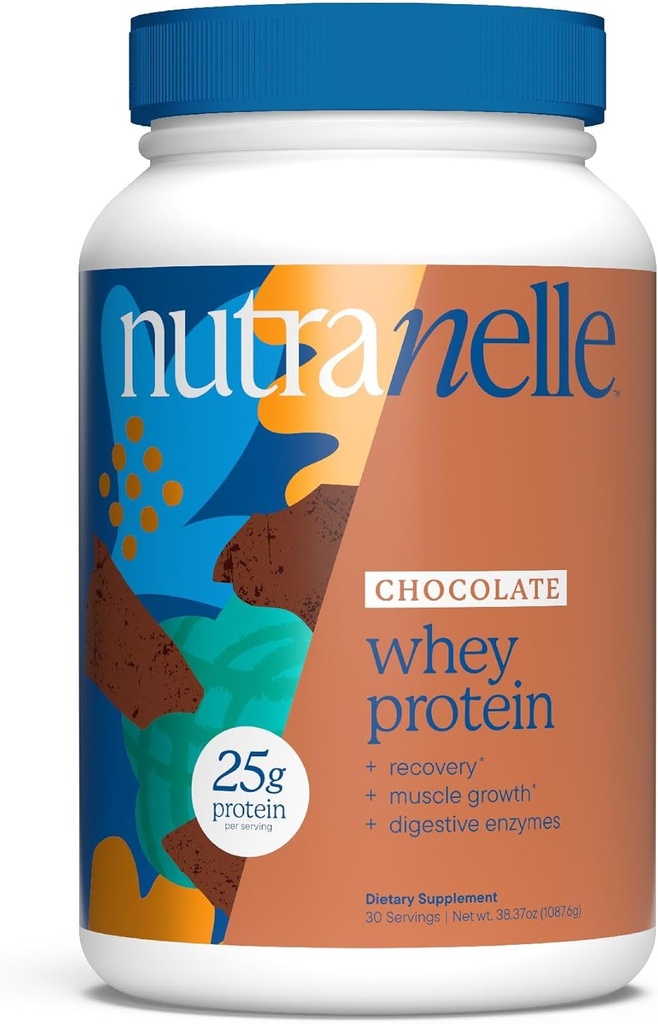 Nutranelle - 초콜릿 Whey Protein Powder - 25 g의 Whey Isolate & 근육 성장 및 회복을위한 Digestive Enzymes와 함께 서빙 당 농축 - Zero Sugar 추가 단백질 Shake 분말
