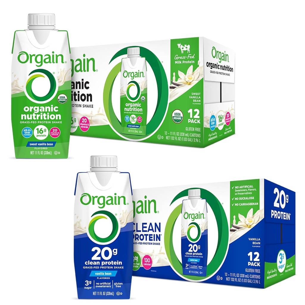 Orgain Protein Shakes 번들 - 잔디 Fed Whey 및 우유 단백질, 바닐라 맛 (12 팩)