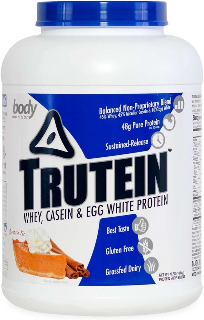 몸 영양 Trutein 높은 단백질 분말: 45% Whey, 45% Casein, 10% 계란 백색, 글루텐 자유로운, 낮은 나트륨, 잔디 페더럴 익스프레스 Whey 단백질 분말, 체육관 보충교재 & 아침 Shake, 호박파이, 4lb
