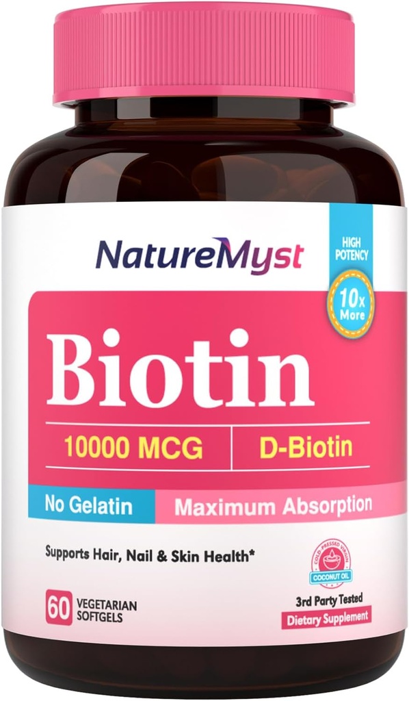 Biotin 10000 mcg, 높은 효능, 생물학적 활성, 최대 흡수를위한 냉압 코코넛 오일, 젤라틴, 헤어, 손톱, 피부, 60 채식 Softgels