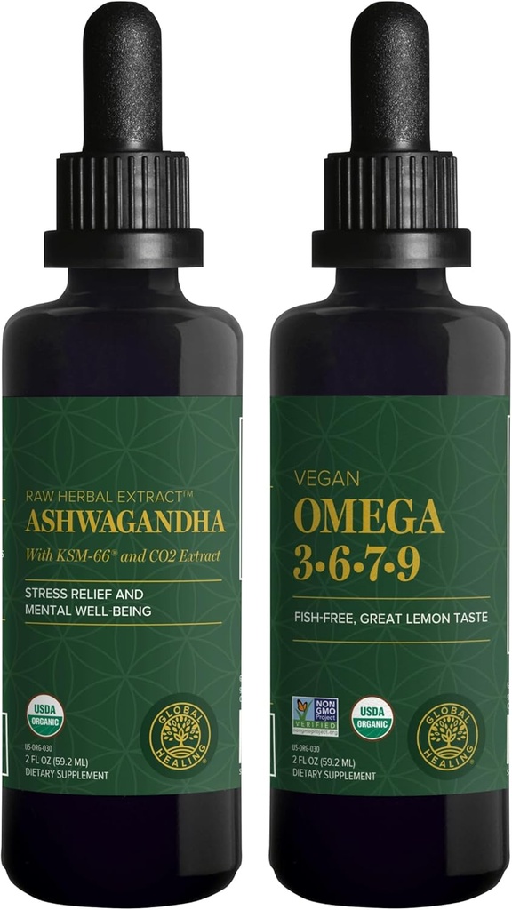 글로벌 치유 센터 Ashwagandha & Omega 3 6 7 9 키트 - 신경 건강, 심장 건강 및 눈 건강과 도움말