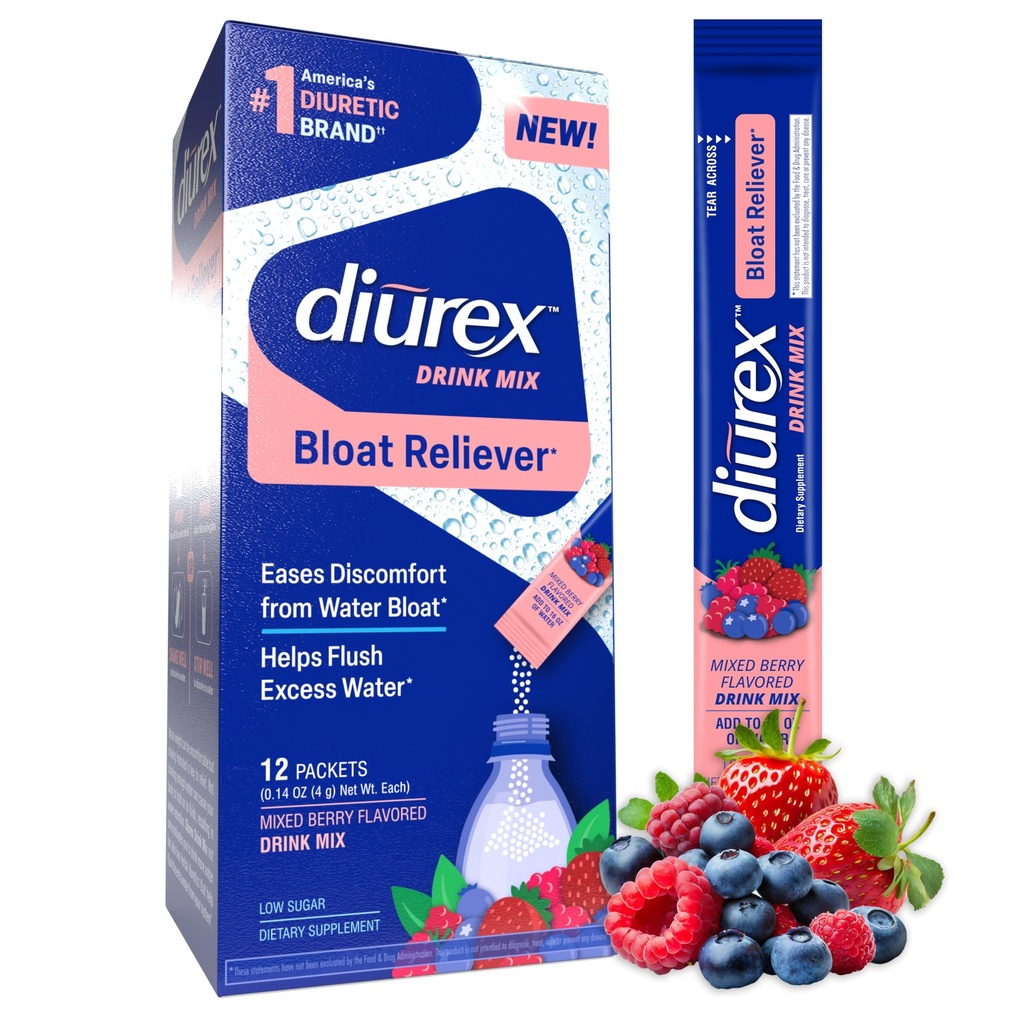Diurex 음료 혼합 - Diuretic Supplement - 혼합 Berry 맛 - Diurex Proprietary Bloat-Relieving 혼합 - 단일 Serve - 12 팩