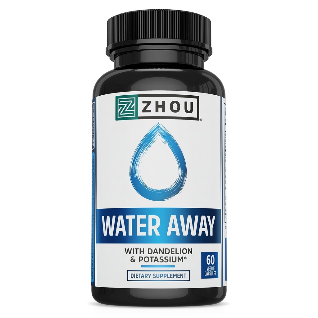 ZHOU Water Away Herbal Formula for Healthy Fluid Balance | Dandelion, 칼륨, 녹차 및 기타 | 60 캡슐