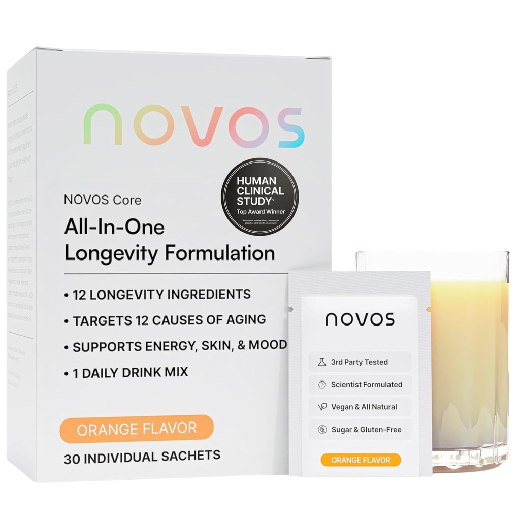 NOVOS 핵심 장수 혼합, 노화 방지 보충교재, 음료 분말 소포 오렌지 풍미 - 피부 지원, 에너지, 계류, 수면 및 Cognition 지원 - 30의 서빙