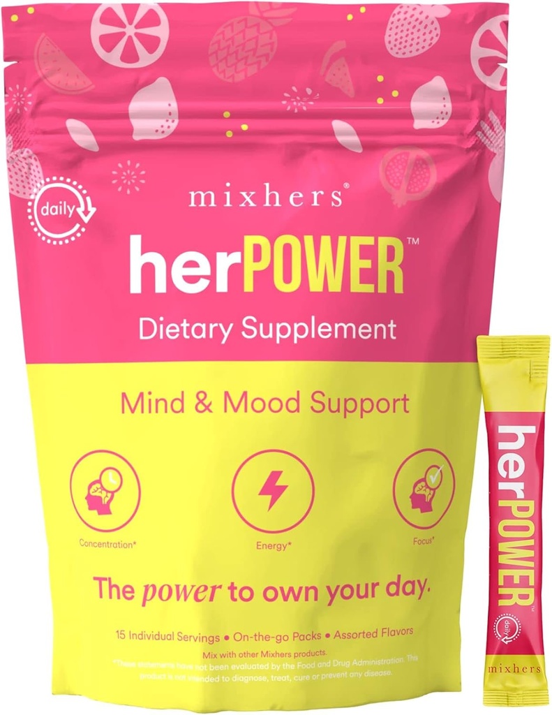 MIXHERS Focus Brain Support Supplement | 카페인 프리 | 인지 Clarity, Concentration, & Hydration의 천연 성분 | 파인애플 베리 맛 | 15 Stick Packets