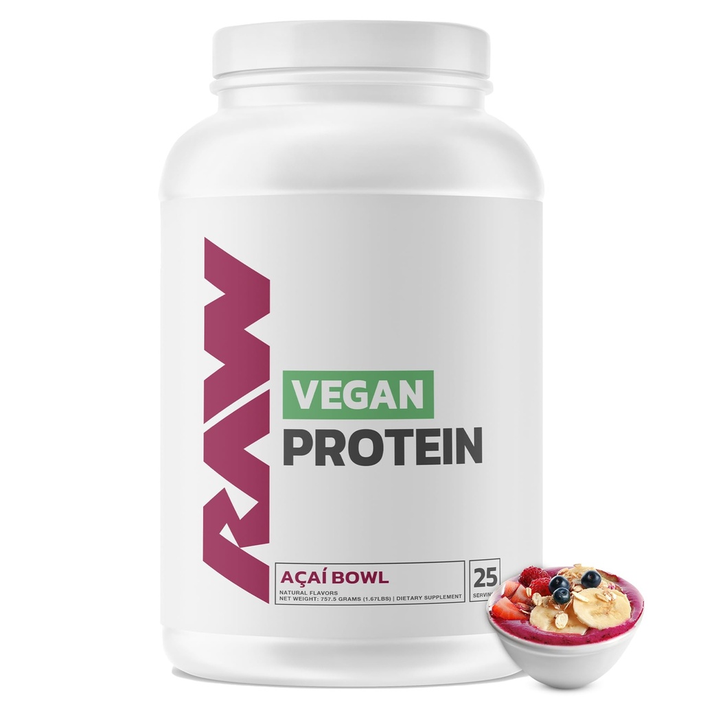 RAW Vegan Protein Powder, Acai Bowl - 20g의 식물 기반 단백질 분말 및 근육 성장 및 회복을위한 비타민과 포화 - 낮은 발톱, 자연적으로 맛 & 단화 - 25 서빙