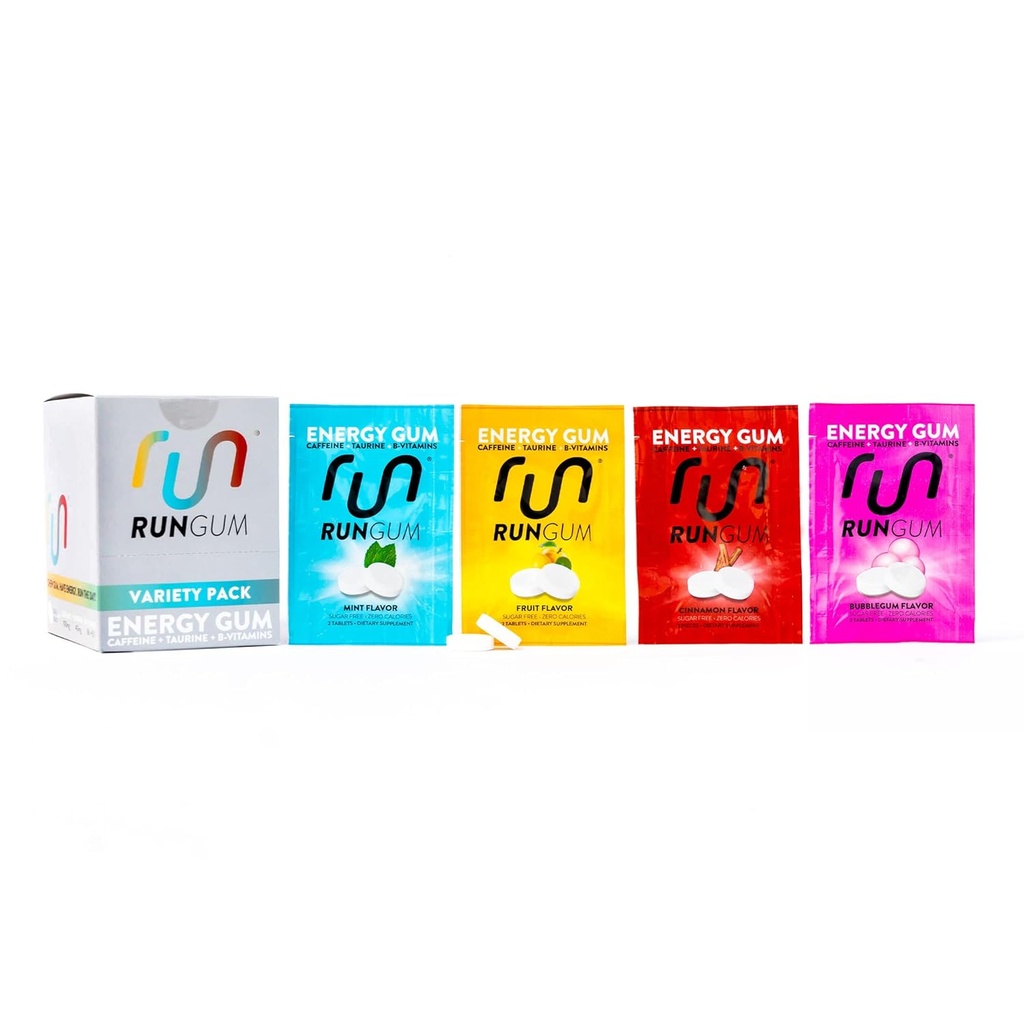 RUN GUM 다양성 PackEnergy Chewing Gum 50mg 카페인 타우린 & 조각 당 B 비타민, 24 조각 (12의 포장) 설탕 무료, 영 칼로리에, 아스파르 없음 및 글루텐 무료