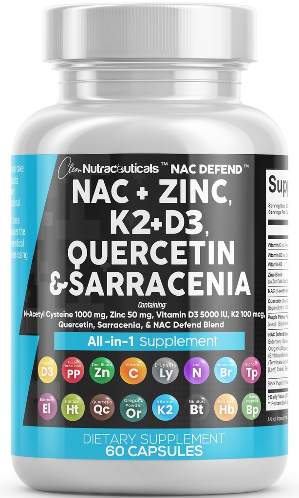 NAC 보충교재 N 아세틸 Cysteine 비타민 D3 K2 아연 Quercetin Sarracenia Purpurea Immune 지원 | Elderberry Holy Basil Bee Propolis Bromelain L-Lysine 캡슐은 여성 남성 성인을 위해 보충합니다