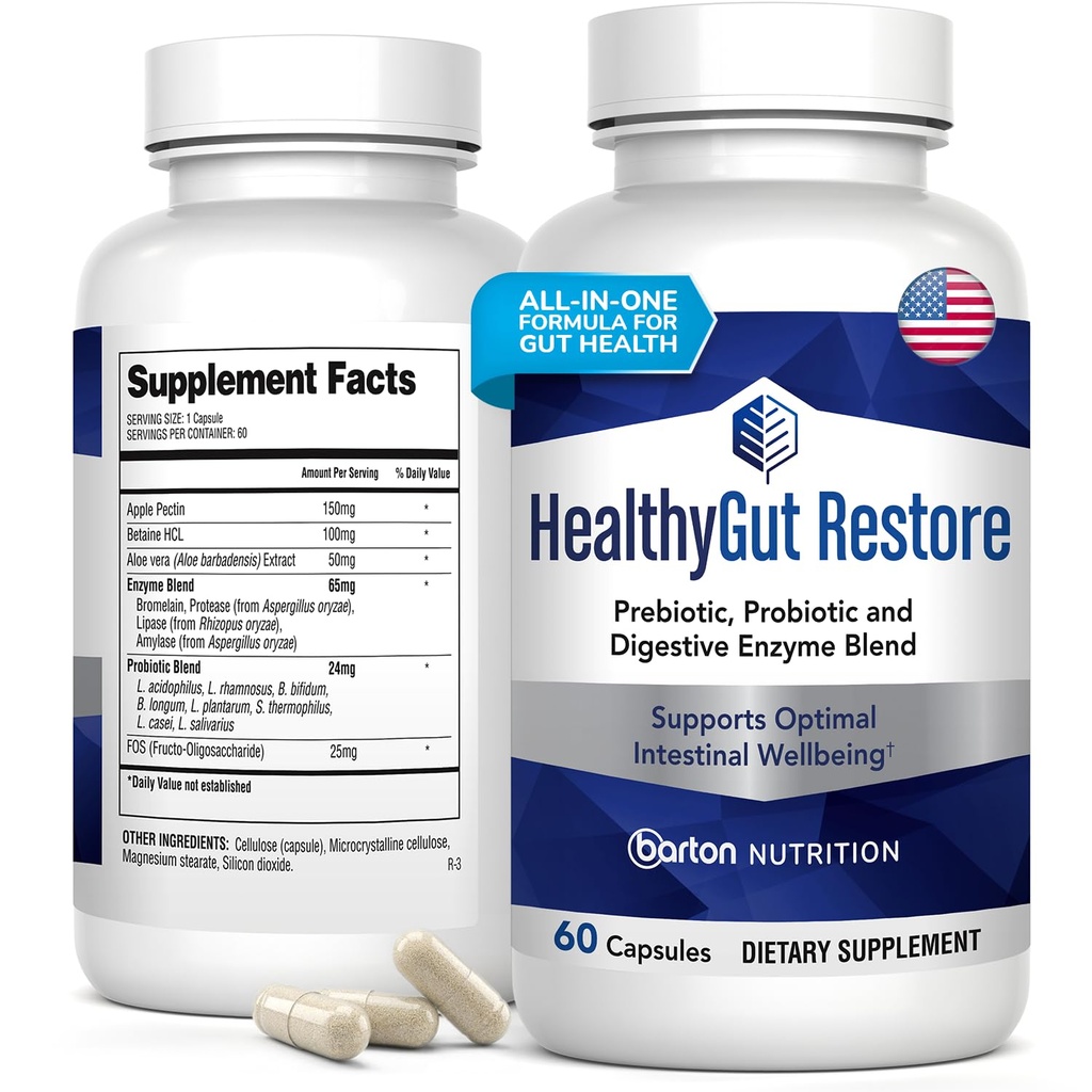 HealthyGutSupport+ - 소화와 흡수를 위한 Prebiotics, Probiotics 및 소화 효소를 가진 Gut 건강 그리고 면역력 지원 - 60 의사 공식화된 Stomach 건강 캡슐