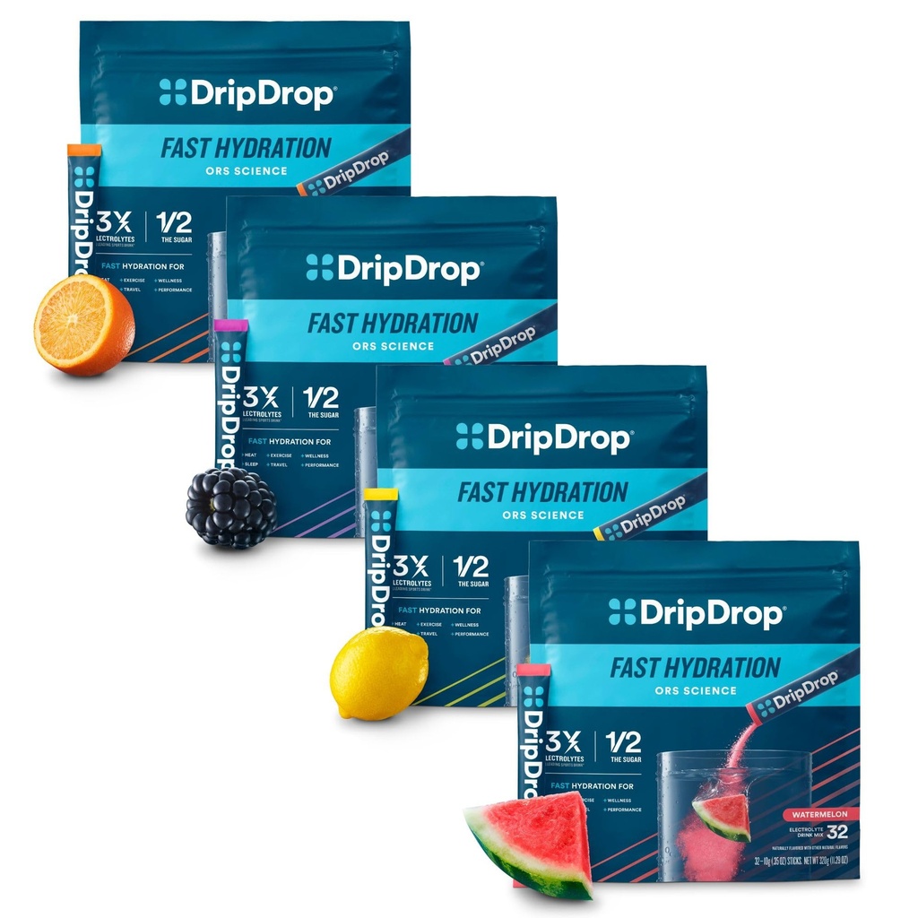 DripDrop Hydration - 전해질 분말 패킷 - 수박, 베리, 레몬, 오렌지 - 가치 다양성 번들 - 128 조사