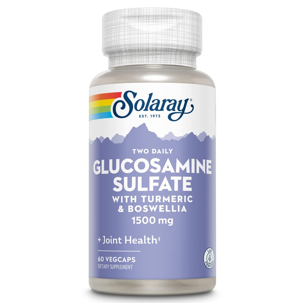 SOLARAY 글루코사민 황산염 1500mg의 건강한 합동 지원 보충교재, Turmeric & Boswellia를 가진 강력한 연결 조직 및 합동 건강 공식, 60 일 돈 뒤 보증, 30 봉사, 60 VegCaps