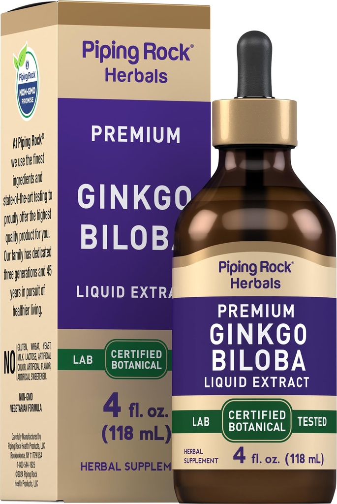 Piping Rock Ginkgo Biloba 보조제 | 4 fl oz | 프리미엄 액체 허브 추출물 | 인증된 식물 | 비 GMO, 글루텐 프리