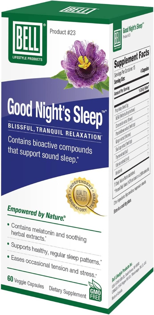 Bell Lifestyle Good Night's Sleep - 멜라토닌과 허브 추출물과 자연 수면 지원, Relaxation & Sleep Patterns, 60 Veggie 캡슐 지원