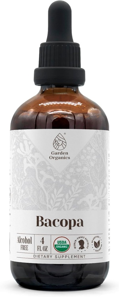 Bacopa USDA 유기 | 알코올 무료 추출물, 유기 초본 하락, 보충교재, Relaxation, 긍정적인 인지 효과 | Tincture Made from 100% 유기 Bacopa (Bacopa Monnieri) Dried Herb 4 oz
