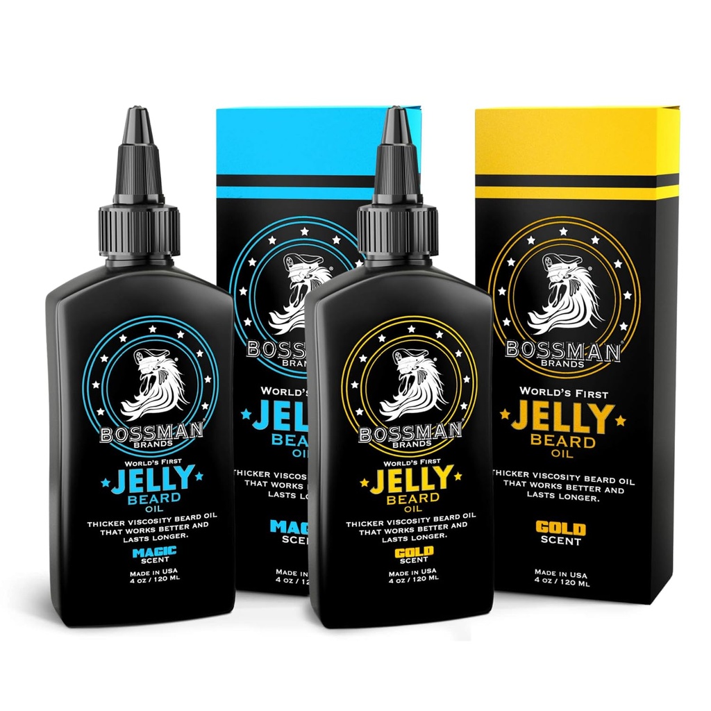 Bossman Beard Oil Jelly Kit (2 Scents) - Beard Growth Softener, 천연 성분이있는 Moisturizer Lotion Gel - Beard Growing Product (Magic & Gold Scents)