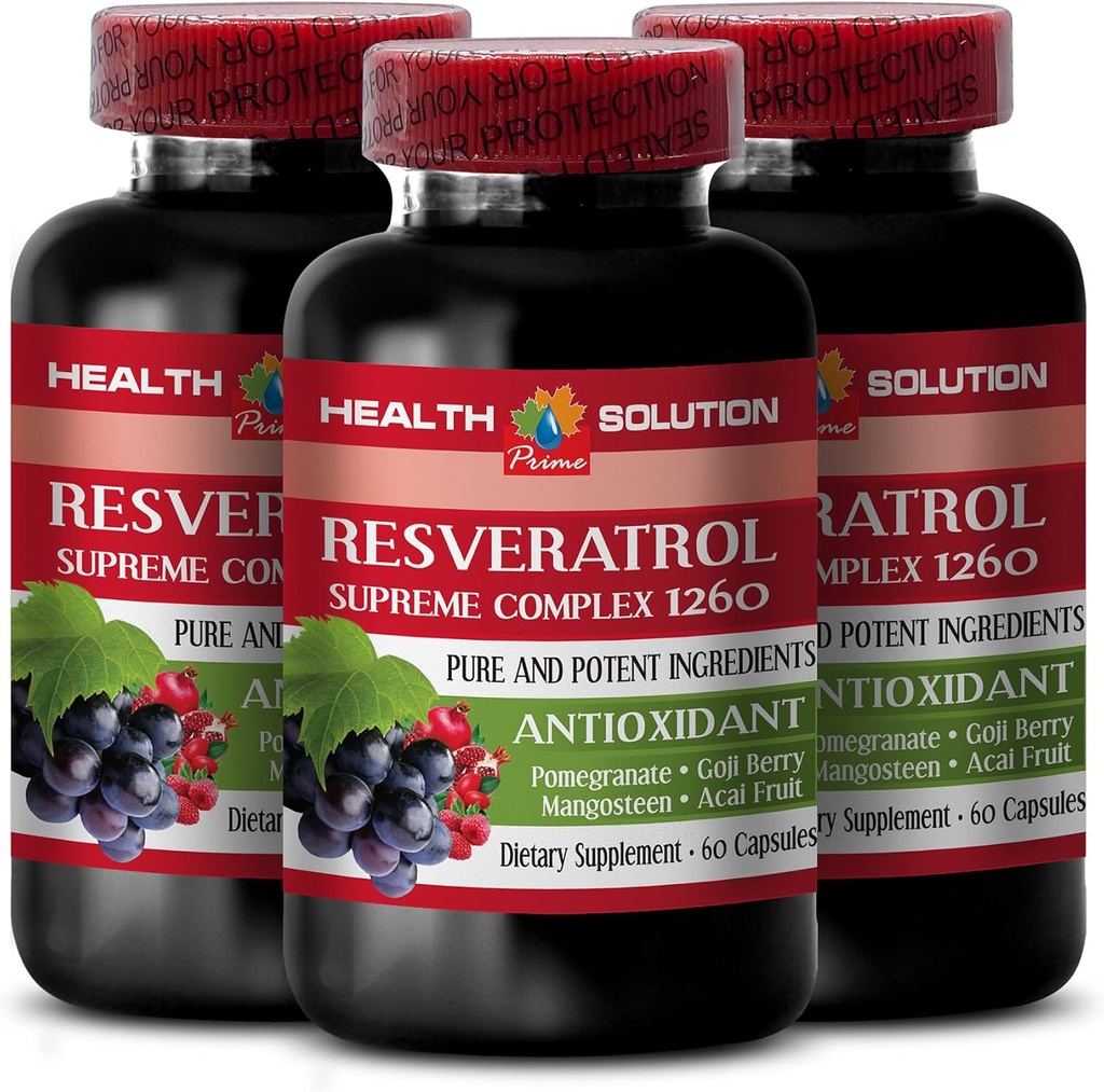 당신의 자연적인 체력을 증폭 - RESVERATROL SUPREME COMPLEX - Goji Berry, Acai, Noni, Pomegranate, Mangosteen, Superfruit 혼합, 산화 방지제, 면역 지원, 3 Bot 180 모자를 가진 Resveratrol 추출물