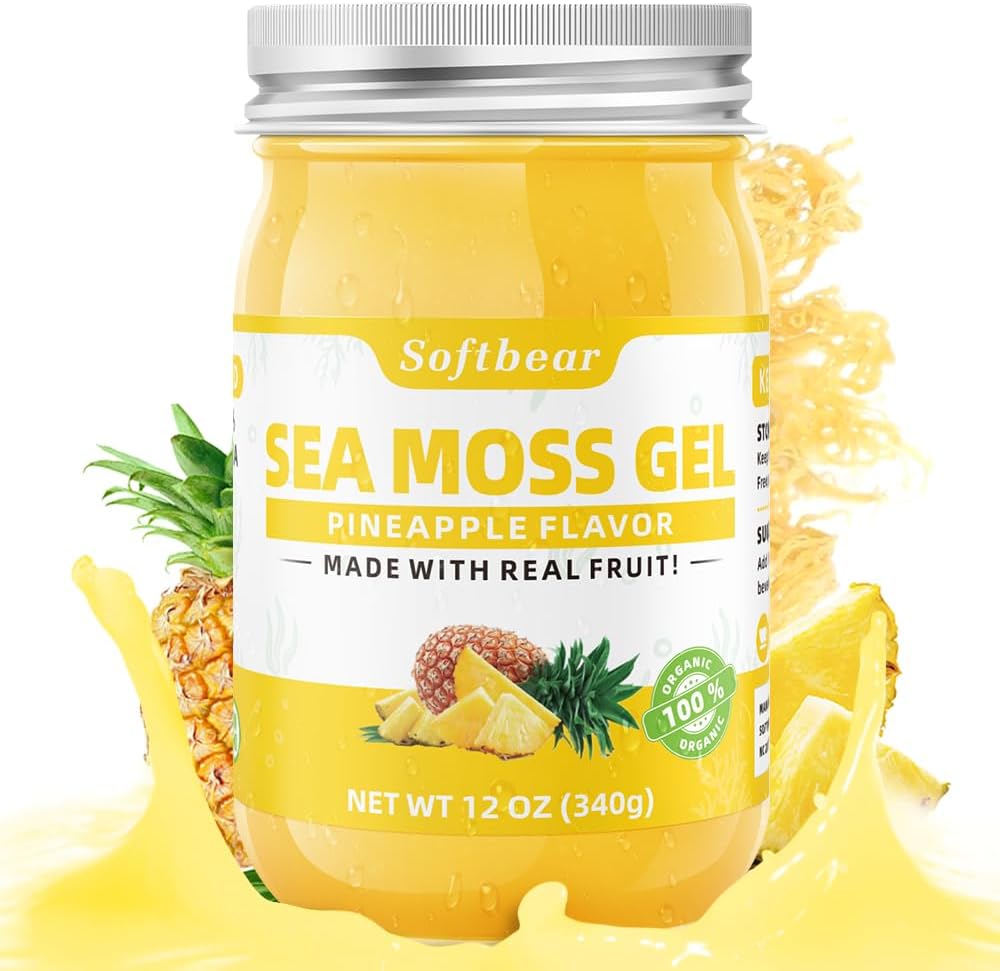 softbear Sea Moss Gel Pineapple flavored 12 OZ - Wildcrafted Irish Sea Moss Gel Organic Raw 92 Minerals and Vitamins Non-GMO Gluten-Free Vegan Supplements Immune Thyroid 소화 지원