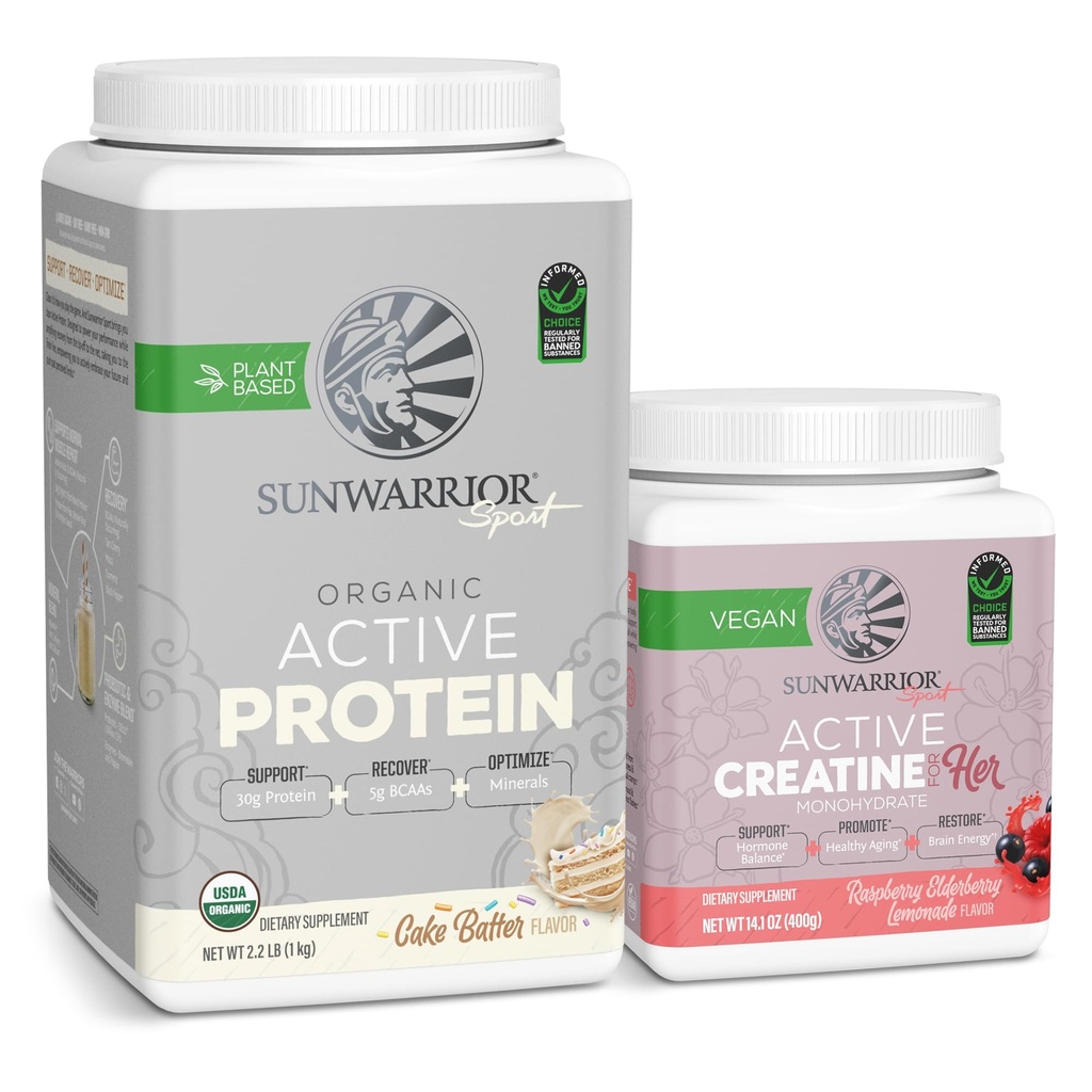 Sunwarrior Vegan Protein Powder USDA Organic | 20 서빙, 케이크 배터 맛 & Creatine Monohydrate Powder for Her | Micronized 50 서빙, 라즈베리 레몬 맛