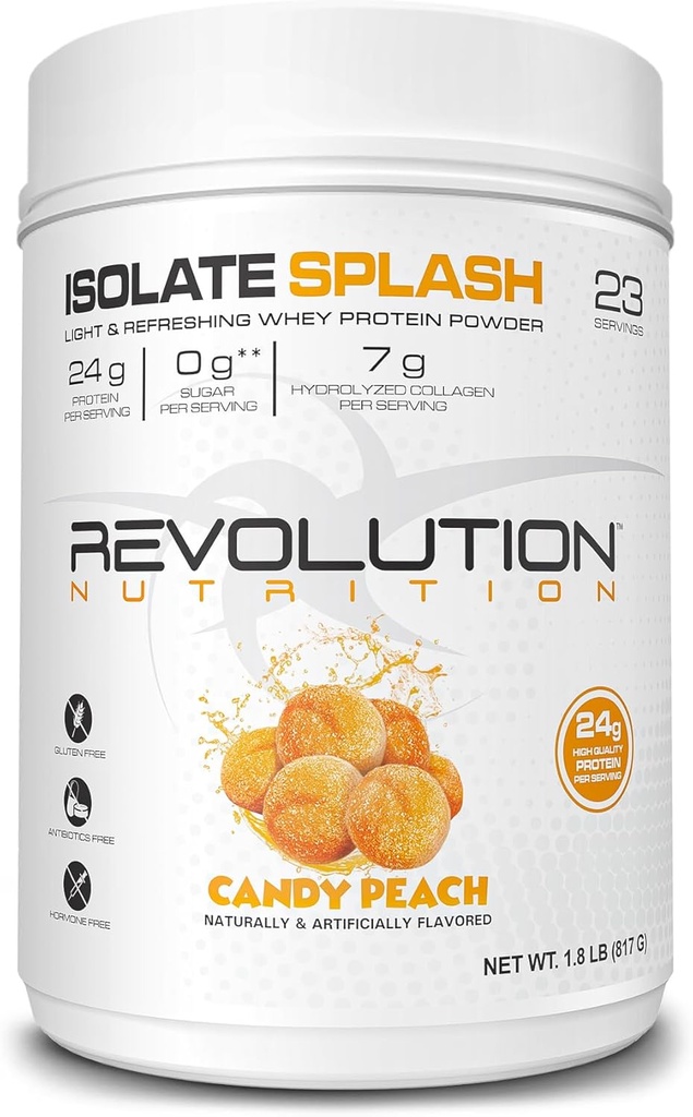 Revolution Nutrition, Isolate Splash, Clear Whey Protein Powder, Juice-Type Protein, Candy Flavour, Collagen, Scoop 당 Protein 24g, Zero Sugar, 817g, 23 서빙 (캔디 복숭아, 1.8 파운드)