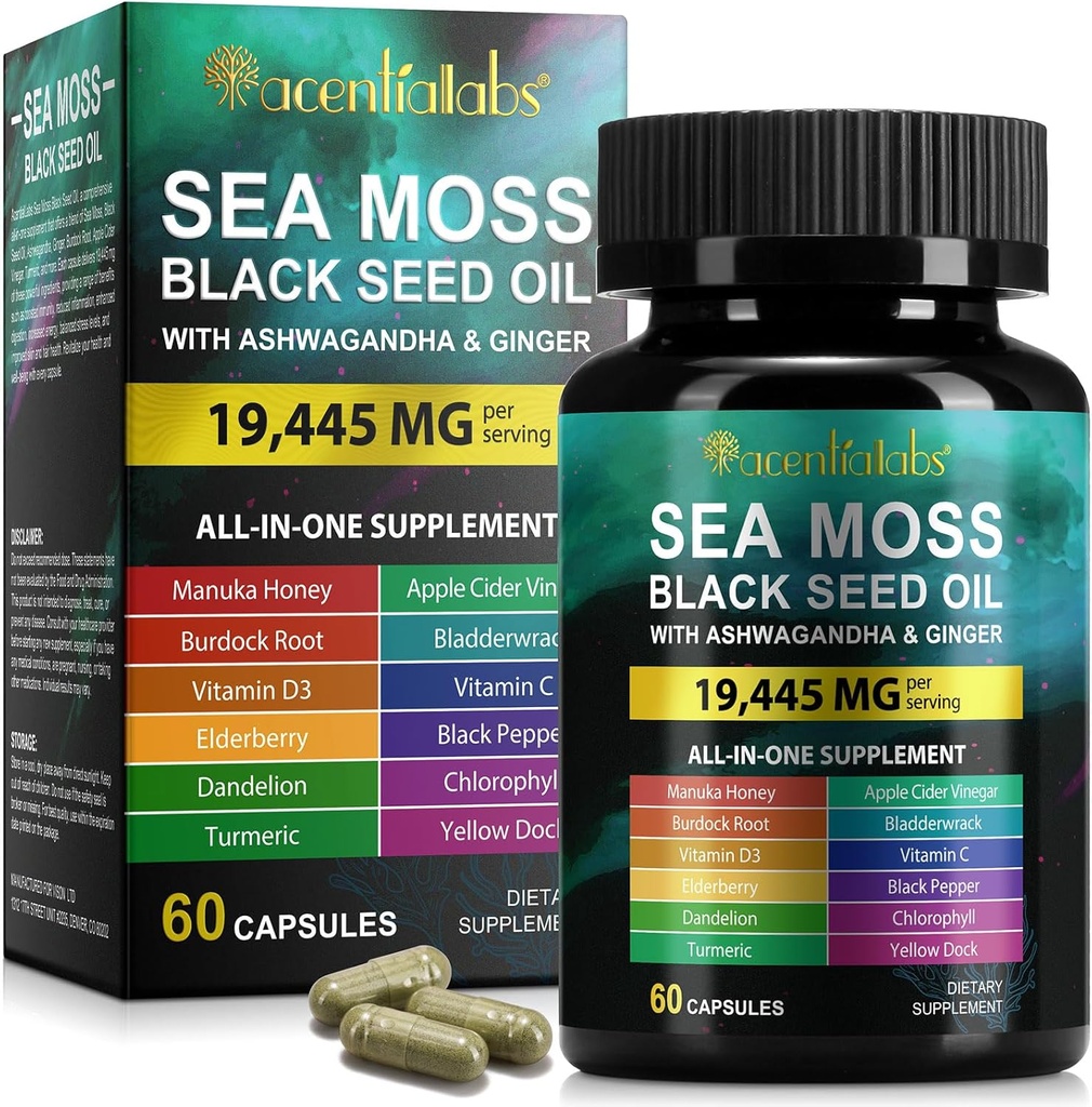 Sea Moss Black Seed Oil Capsules, Ashwagandha Ginger Capsule with Vitamin C D3, 면역성, 소화성, 에너지, 스킨 & 헤어, 블랙씨 오일 시모스 캡슐, 60P