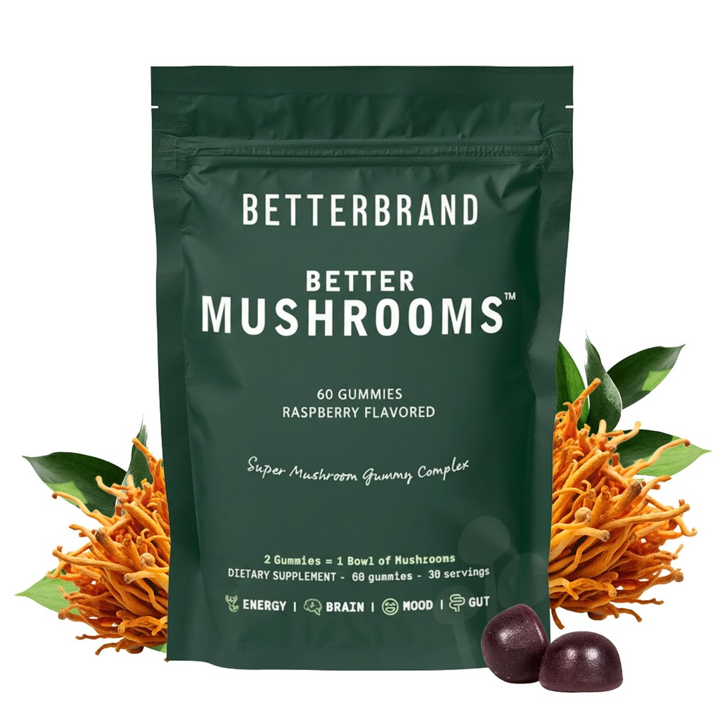 Betterbrand BetterMushrooms Nootropic Gummies - 10 Functional Mushrooms - 60 Gummies - 라즈베리 맛 - 팩 1