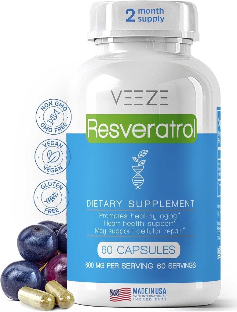 VEEZE Resveratrol 보충교재 600mg 60의 캡슐 & 60의 서빙 - 미국 자연 적이고 & 유기 Resveratrol에서 만드는 - 산화 방지제에 있는 부유한 & 잘 행동 지원을 위한 Trans Resveratrol - 우수한 유기 Resveratrol
