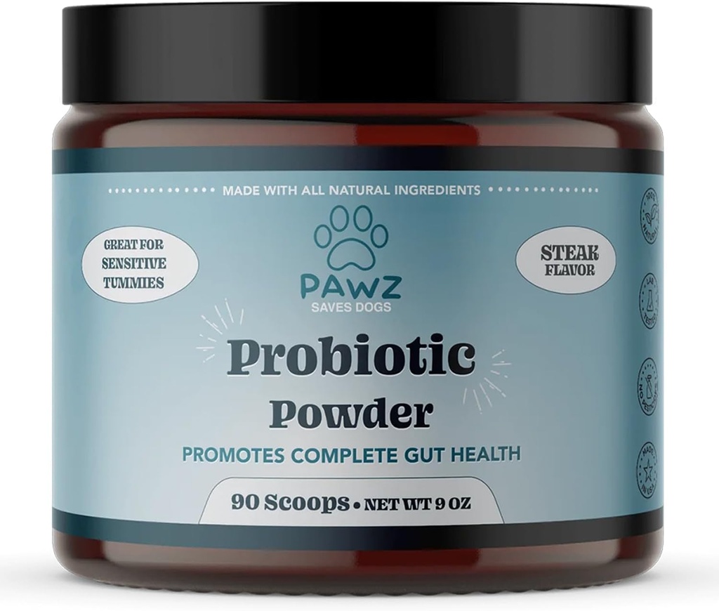 개를위한 PAWZ Probiotic 분말 - 90 Scoops 스테이크 맛 - Gut Health 및 Digestion - Probiotics 보충 지원 면역 체계 및 피부 및 외투 건강 - 모든 유형의 개에 적합