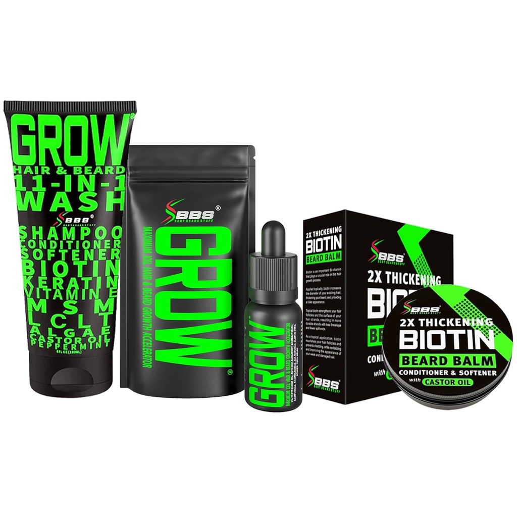 남자를 위한 Beard 성장 장비 w/2X Biotin Beard Balm & Mustache 왁스 + GROW 11-in-1 남자 샴푸 & 컨디셔너 (남자 w/Biotin를 위한 머리 성장 샴푸) + GROW 얼굴 머리 성장 기름 (미국에서 만드는)