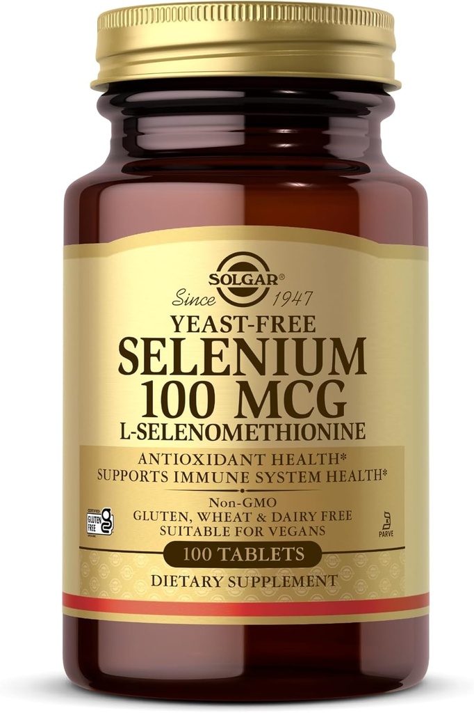 Solgar Yeast-Free 셀레늄 100 mcg - 100 정제 - 산화 방지제 및 면역 체계 건강 지원 - 비 GMO, 글루텐 무료, 낙농장 무료, 고셔 - 100 서빙