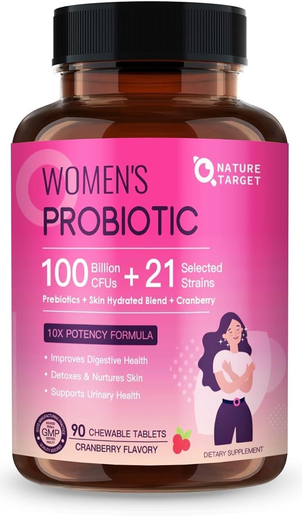 NATURE TARGET Probiotics for Women Digestive Health with 100 Billion CFUs, Gut Health & Immune Support, 피부 관리, Cranberry & D-mannose, 90 Chewable Tablets (45 Day Supply)