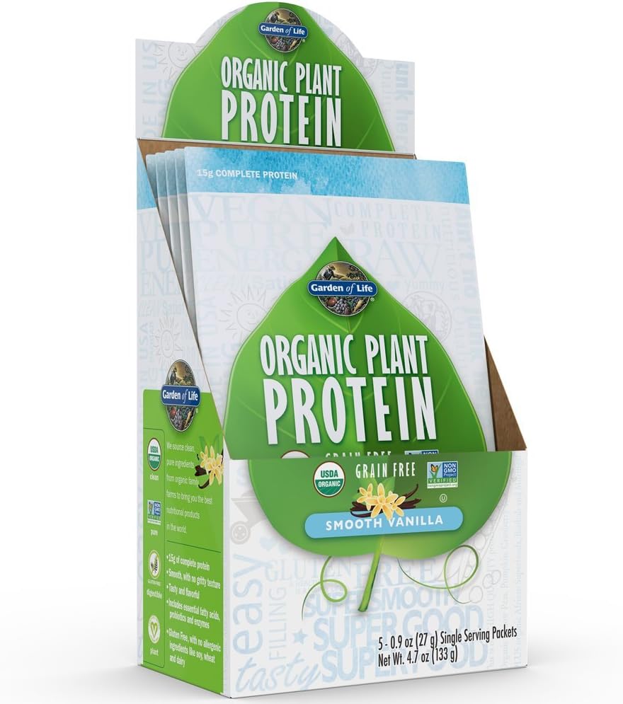 생명 유기 식물 단백질 부드러운 바닐라 분말의 정원 - 단일 서빙 패킷 (5-Pack) - Vegan, 곡물 무료 및 글루텐 무료 식물 기반 단백질 1B CFU Probiotics & 효소, 15g 단백질을 가진 Shake