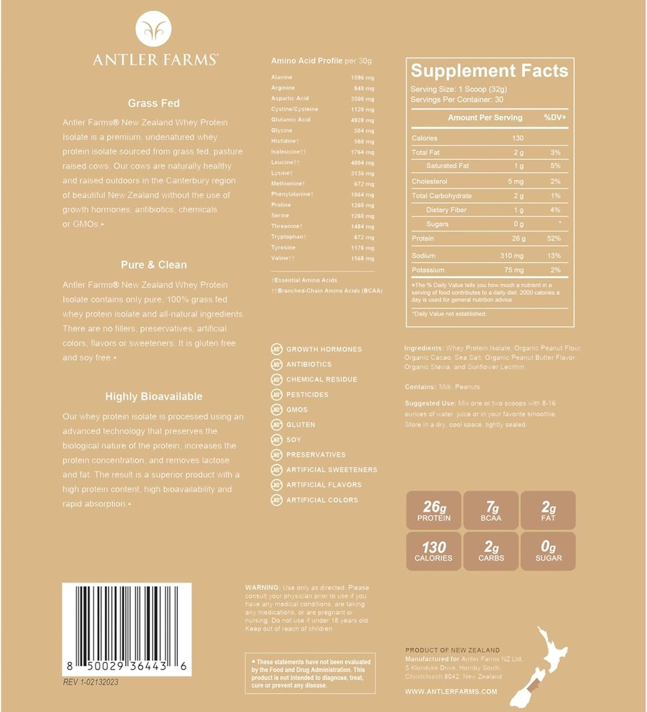 Antler 농장 - 100 % 잔디 Fed 뉴질랜드 Whey Protein Isolate, 땅콩 버터 초콜릿 맛, 2 파운드 - 순수하고 깨끗한, 7 재료, 냉간 가공