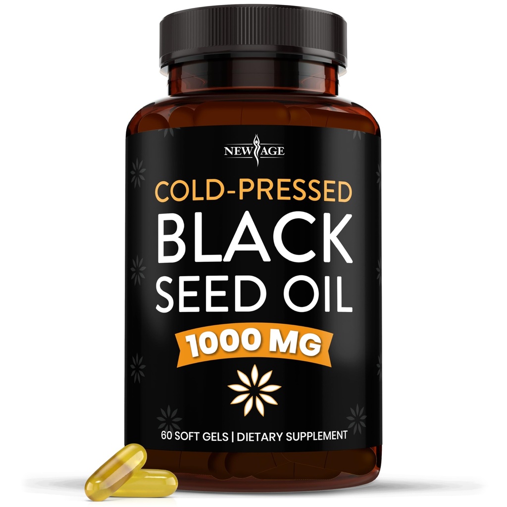NEW AGE Black Seed Oil Softgel 캡슐 - 프리미엄 Cold-Pressed Nigella Sativa Producing Pure Black Cumin Seed Oil - 비 GMO 및 채식 (60 Softgels)