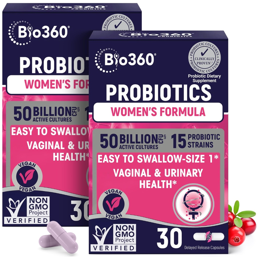 여성 질 건강을위한 Bio360 Probiotics - pH 밸런스, 질, Urinary, & 소화 건강 지원 - 50 억 CFU & 15 건강한 질 냄새 및 질 Flora를위한 독특한 균류 - 선반 안정
