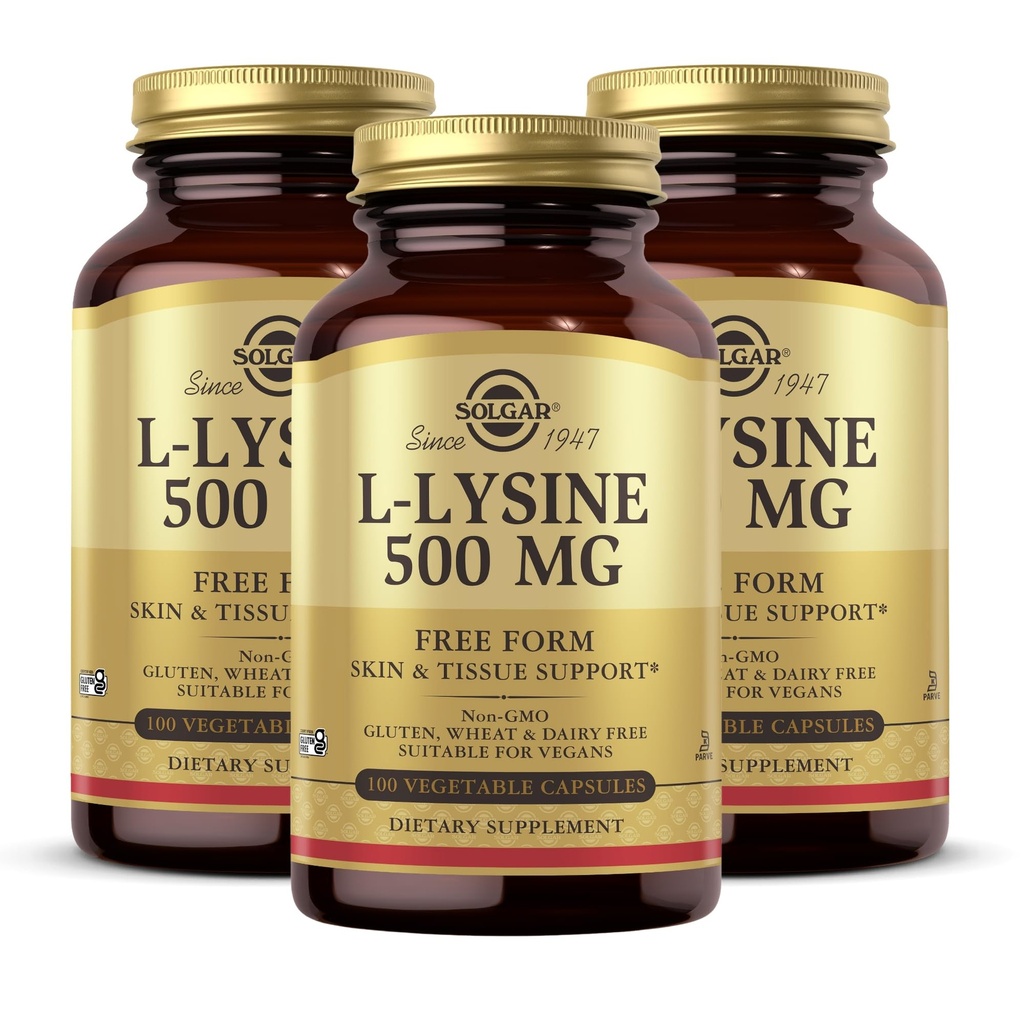 Solgar L-Lysine 500 mg - 100 야채 캡슐, 3 팩 - 피부 및 조직 지원 - 비 GMO, Vegan, Kosher, 글루텐 무료 - 300 총 서빙