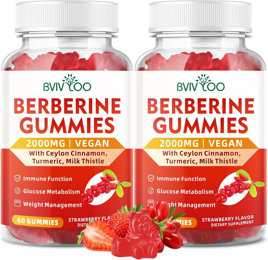 2 팩 Berberine Gummies,Sugar 무료 2000mg 높은 Potency Berberine HCI 보충교재, 플러스 Ceylon Cinnamon, 여성 & 남자를 위한 우유 이틀, 면역 체계 & Metabolism 지원 - 120 Gummies