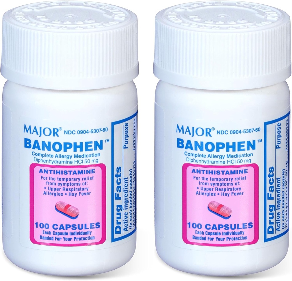 MAJOR Banohpen - 완전한 알레르기 약물 - Diphenhydramine HCI 50 mg - 항히스타민 - 100 캡슐 (2 팩)