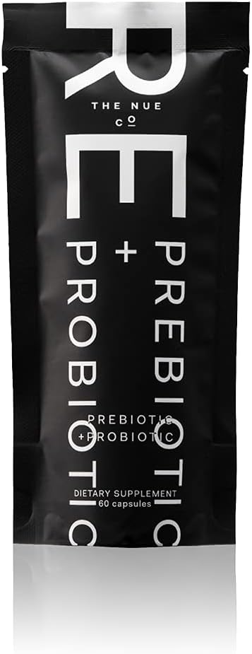 Nue Co. PREBIOTIC + PROBIOTIC 보충 보충, Gut 건강, Synbiotic 및 Spore 기반, IBS 구호, 면역성 및 피부, Vegan, 글루텐 무료, 60 캡슐 지원