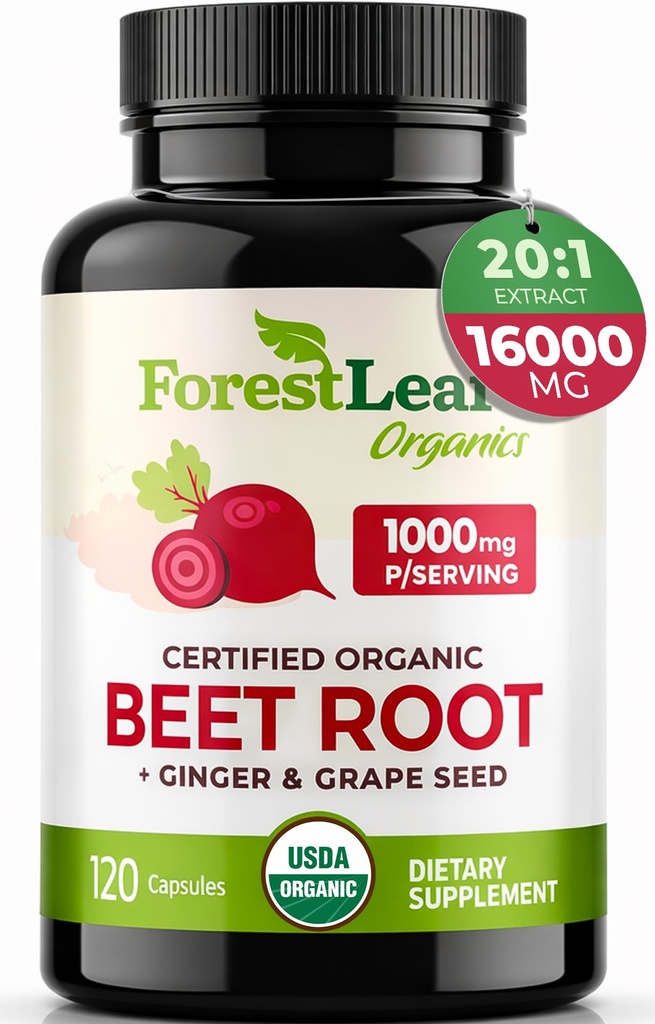 ForestLeaf Organic Beet Root Capsules - Beetroot Supplement 16000mg 힘 20:1 추출물 알약 w/Ginger 포도씨 | 지원 혈압, Nitric 산화물, 교류, 순환 | 베테스 분말 - 120 모자