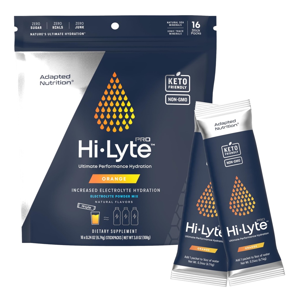 Adapted Nutrition Hi-Lyte Pro Hydration Packets - 16 개별 음료 팩 | 오렌지 | 맛있은 전해질 분말 | 설탕 무료, Zero Carb, Zero Calorie