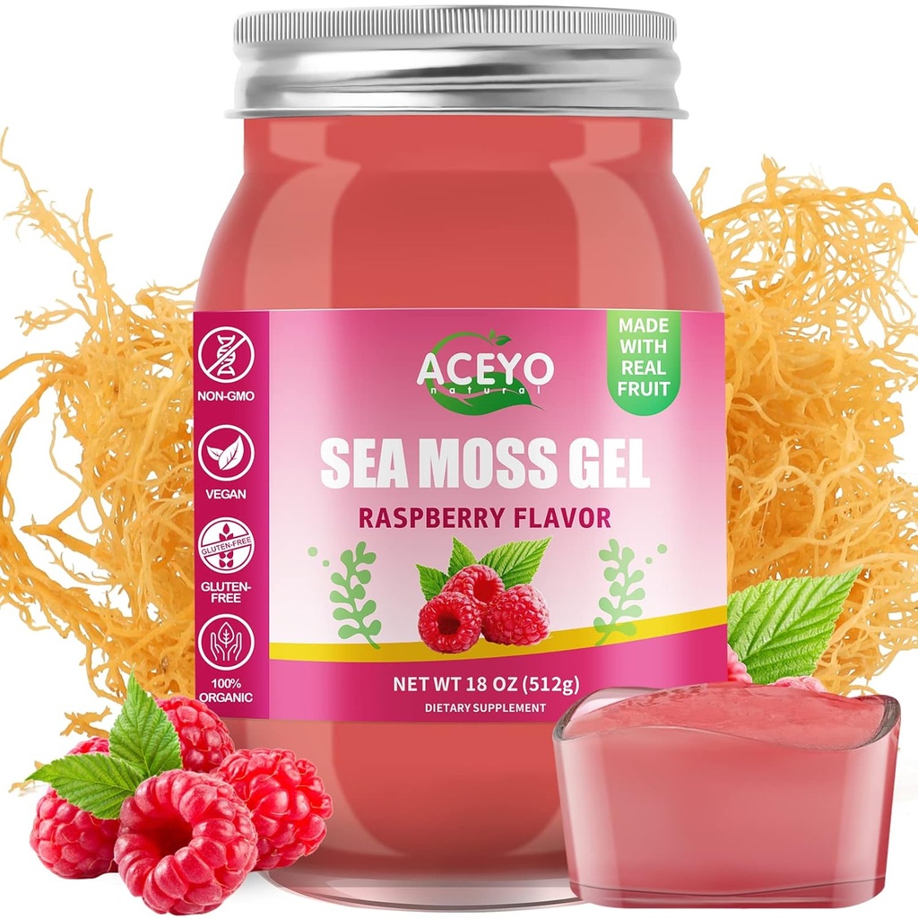 ACEYO (18 OZ) 아일랜드어 바다 Moss 젤 유기 익지않는 Vegan 나무 딸기 풍미 102 비타민과 무기물 야생 Harvested 비 GMO Immune 방위 승압기 Thyroid 소화 지원