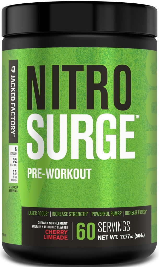Jacked Factory NITROSURGE Pre Workout Supplement - Endless Energy, Instant Strength Gains, Clear Focus, Intense Pumps - NO 부스터 및 강력한 Preworkout Energy Powder - 60 서빙, Cherry Limeade